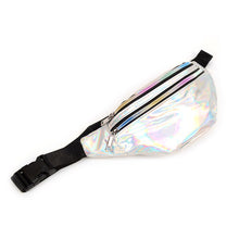 Load image into Gallery viewer, Glossy silver belt bag with adjustable black strap top view
