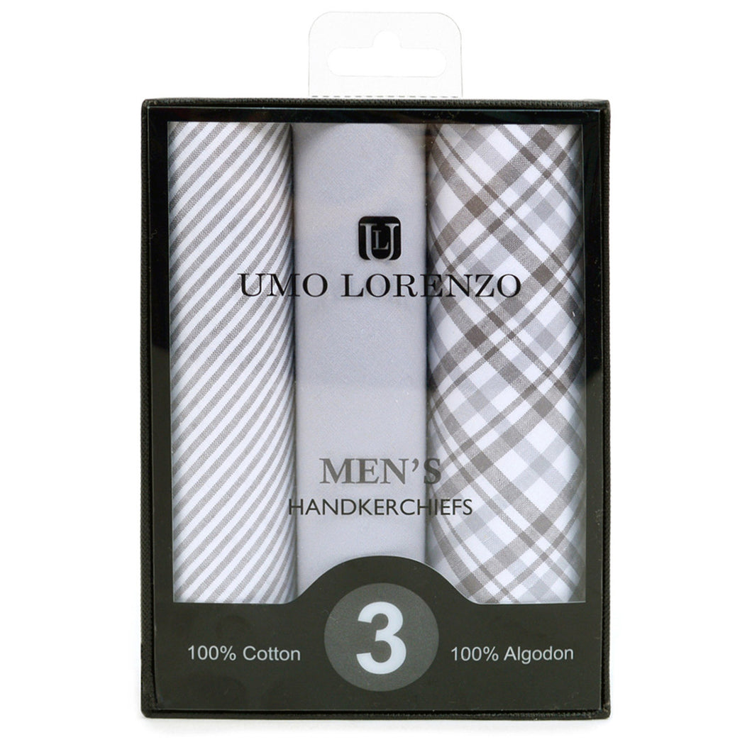 Men's Cotton Solid, Striped & Plaid Gray Handkerchiefs 3 Piece Set