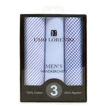 Load image into Gallery viewer, Men&#39;s Cotton Solid, Striped &amp; Plaid Blue Handkerchiefs 3 Piece Set
