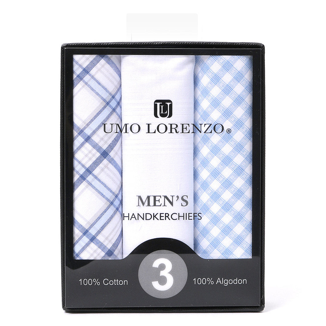 Men's Cotton Solid & Plaid Blue Handkerchiefs 3 Piece Set