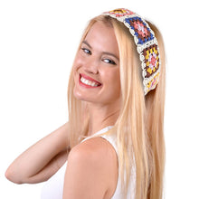 Load image into Gallery viewer, Model wearing white boho crochet headband with colorful squares
