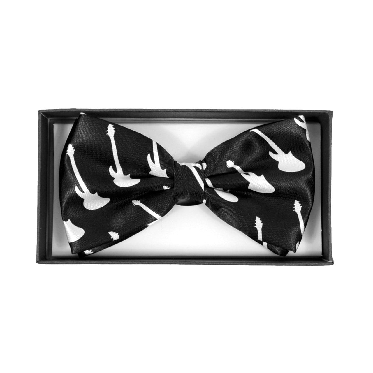 Men's White Guitar Black Banded Bow Tie