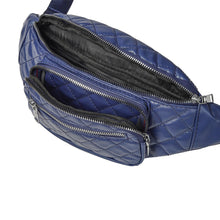 Load image into Gallery viewer, Navy PU quilted fanny pack front view zippers opened
