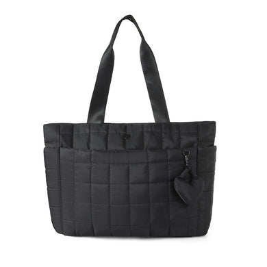 Nollia Emilia black quilted tote bag with padded design and heart bag charm, front view
