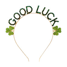 Load image into Gallery viewer, Nollia gold rhinestone "Good Luck" headband with green shamrocks
