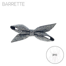 Load image into Gallery viewer, Nollia rhinestone bow suede barrette in black with sparkling crystals
