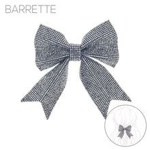 Load image into Gallery viewer, Nollia rhinestone suede black bow barrette on white background
