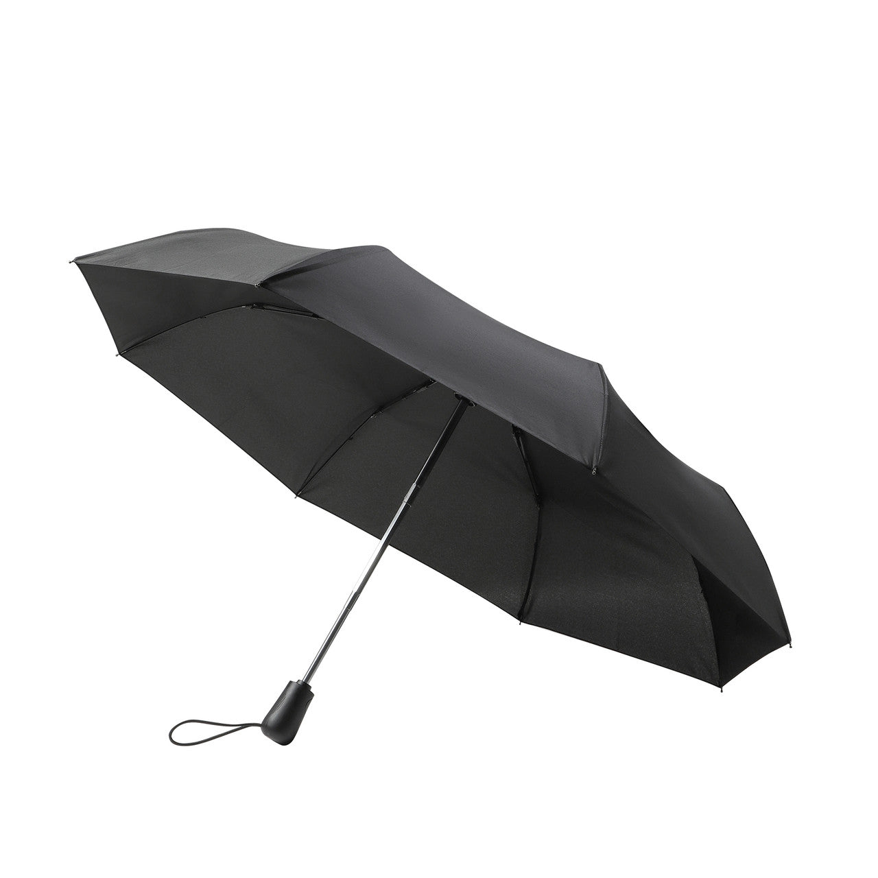 Open view – Black compact umbrella fully open with sleek canopy design and sturdy frame.