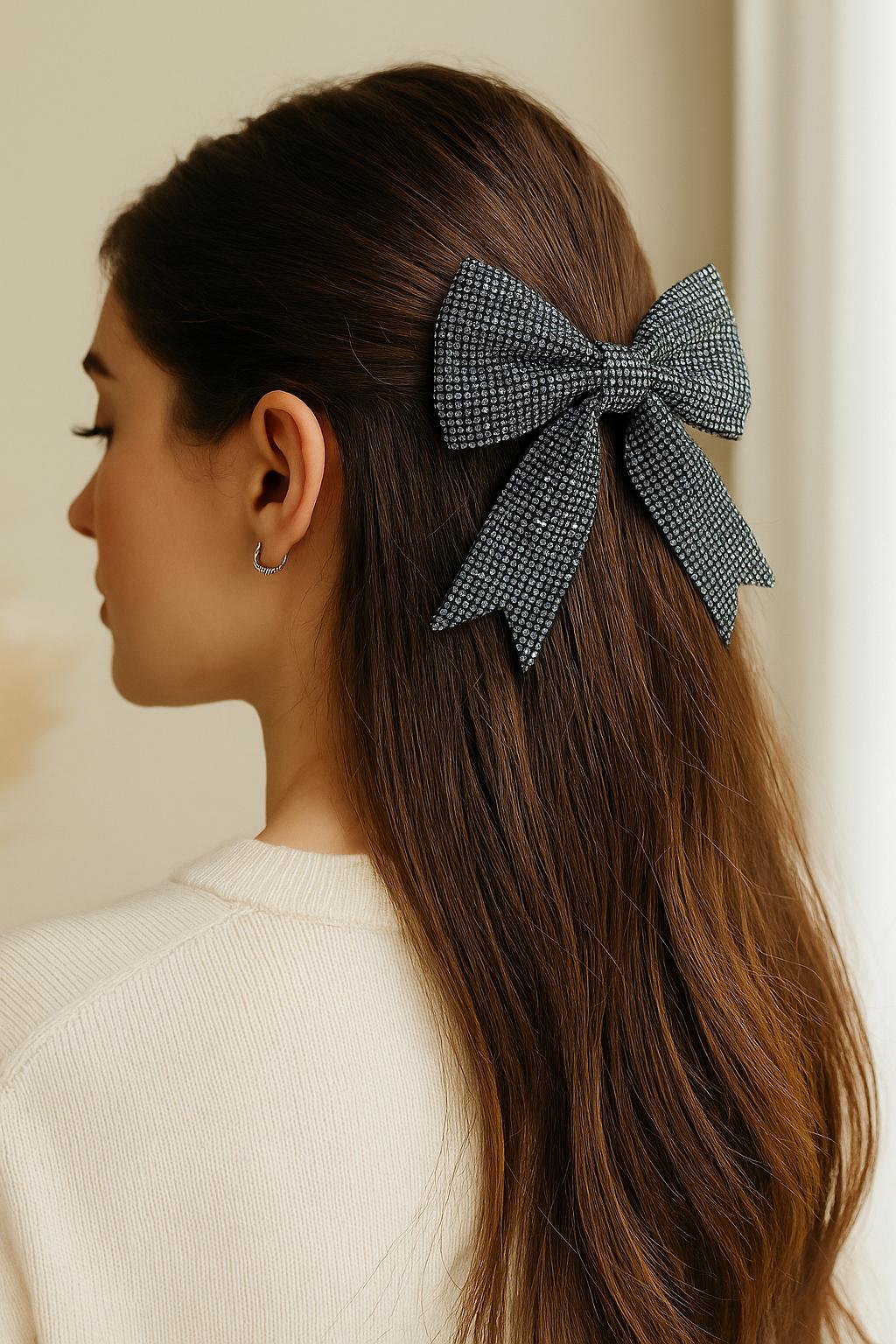 Nollia Rhinestone Black Suede Bow Barrette – Elegant Crystal  display picture 1