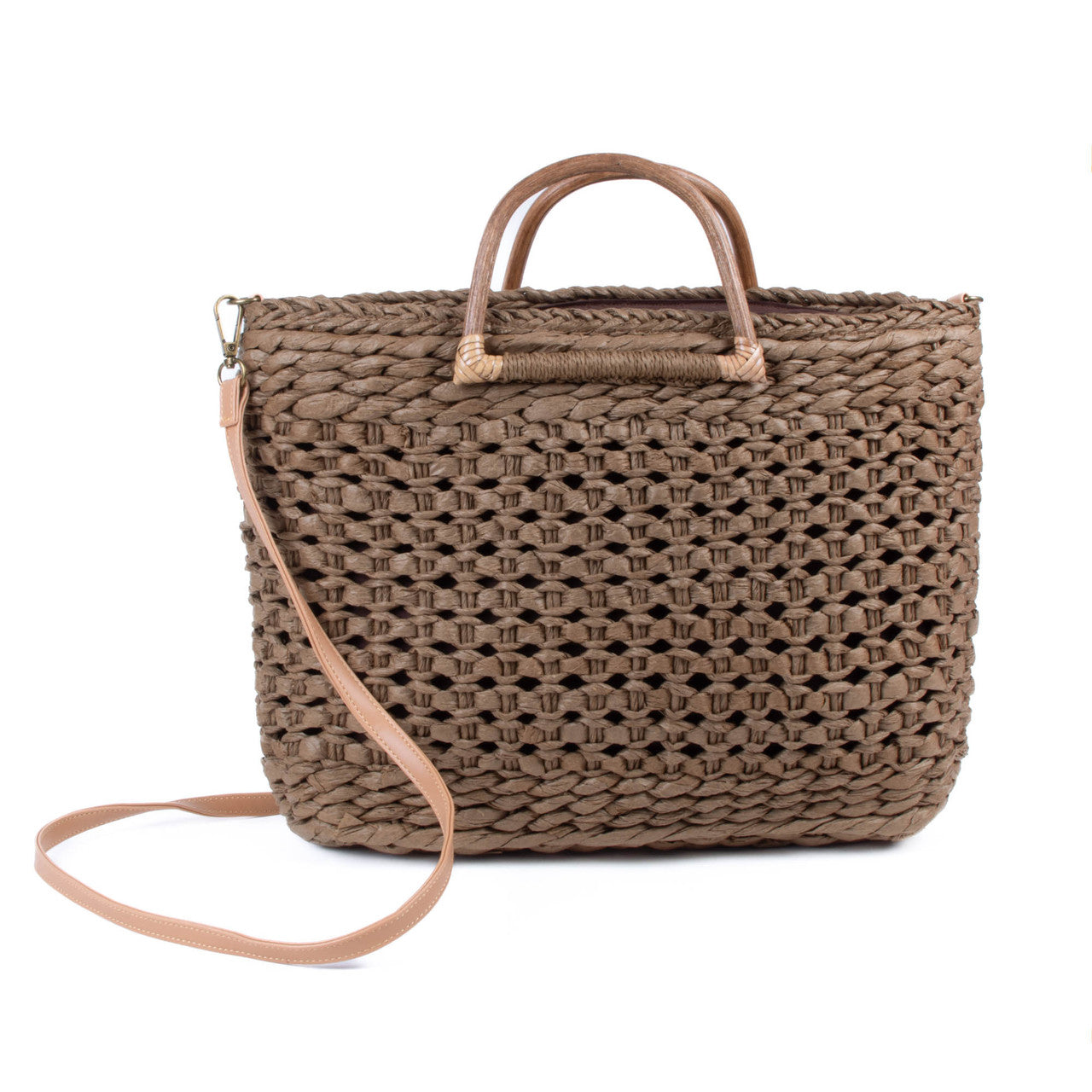 Rattan tan tote bag with detachable strap and wooden top handle