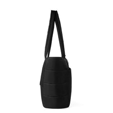 Load image into Gallery viewer, Side profile of Nollia Aime black nylon commuter tote bag.
