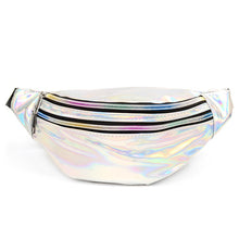 Load image into Gallery viewer, Silver iridescent fanny pack with rainbow zippers

