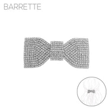 Load image into Gallery viewer, Silver rhinestone bow barrette hair clip by Nollia

