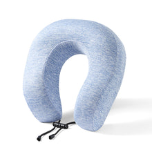 Load image into Gallery viewer, U-shaped memory foam neck pillow for travel in blue facing down
