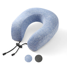 Load image into Gallery viewer, U-shaped memory foam neck pillow for travel in blue with color swatch
