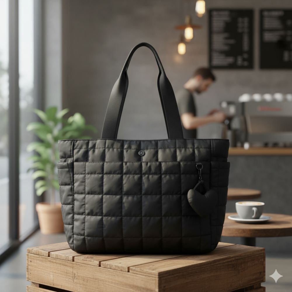 Nollia Emilia Black Quilted Nylon Tote Bag with Heart Bag Charm