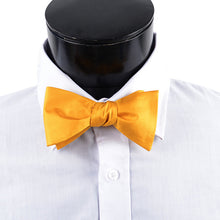 Load image into Gallery viewer, wearing Silk satin freestyle bow tie in classic yellow
