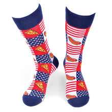 Load image into Gallery viewer, Parquet Men’s American Flag Foodie Novelty Crew Socks – Hot Dogs &amp; Pizza
