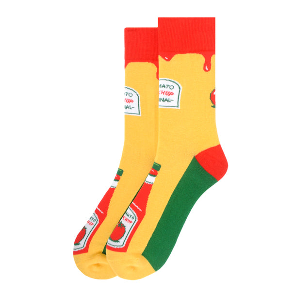 Parquet Men’s Ketchup Bottle Novelty Crew Socks – Yellow & Red