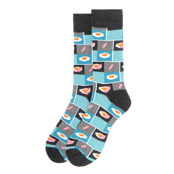Parquet Men’s Bacon & Eggs Novelty Crew Socks – Blue & Gray