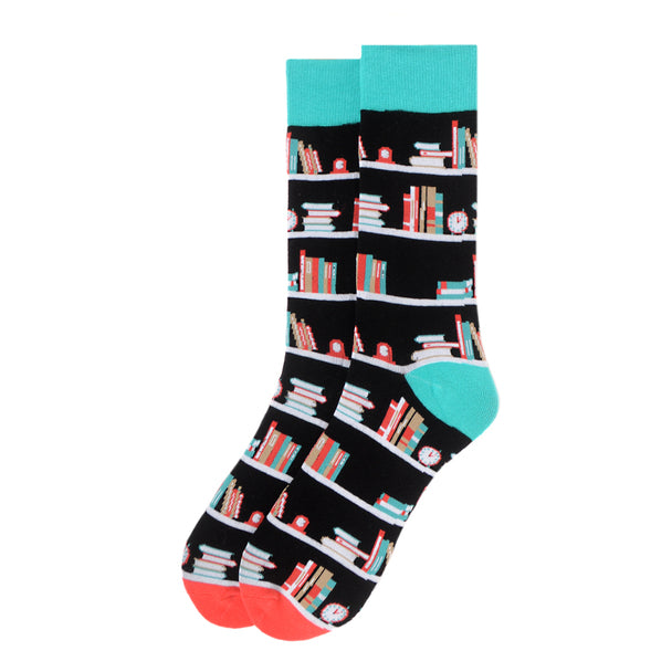 Parquet Men’s Bookshelf Novelty Crew Socks – Black, Turquoise & Orange