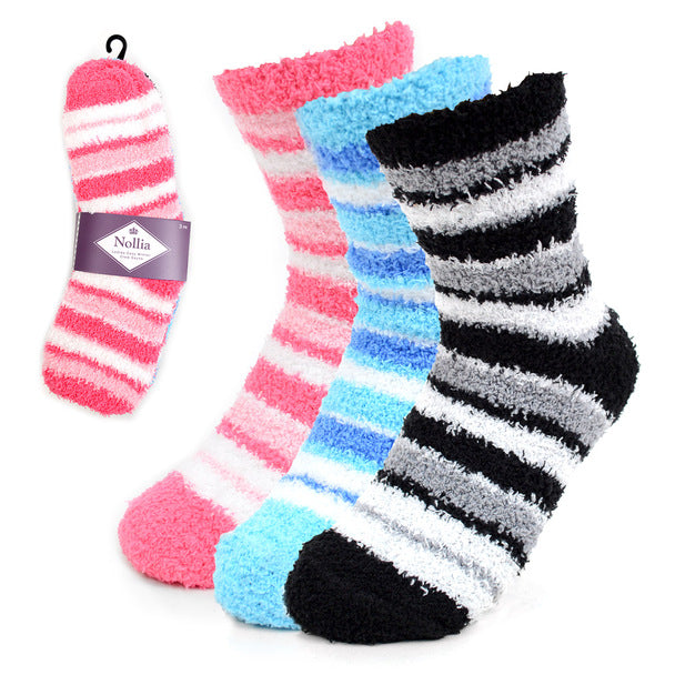 Nollia Women's Super Soft Fuzzy Winter Slipper Socks – 3 Pair Assorted Striped Set