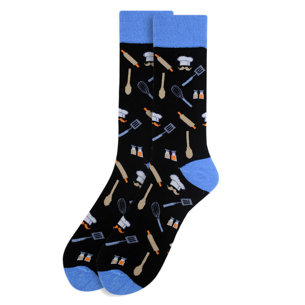 Parquet Men’s Chef Pattern Crew Socks – Black & Blue